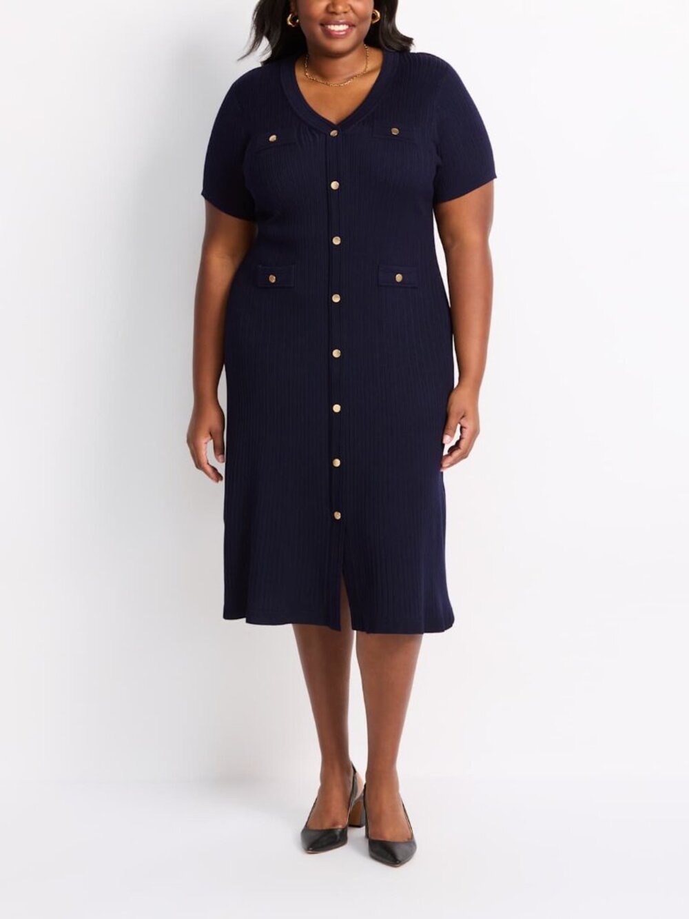 Montgomery Post Roze Button Detail Dress Navy Plus 2X